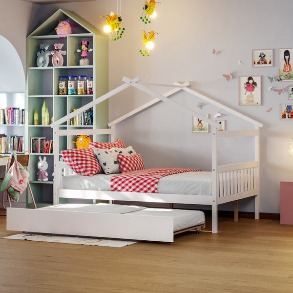 HomeRoots White Wood Full Canopy Bed Frame with Trundle – Stylish, Durable, and Perfect for Any Bedroom Decor 602046