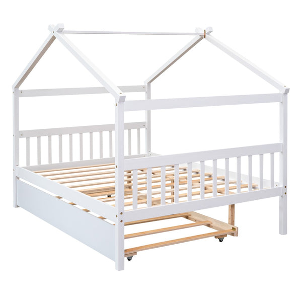 HomeRoots White Wood Full Canopy Bed Frame with Trundle – Stylish, Durable, and Perfect for Any Bedroom Decor 602046