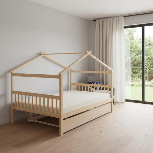 HomeRoots Natural Wood Full House Bed with Trundle - Stylish, Durable Design for Kids' Rooms & Guest Spaces 602047