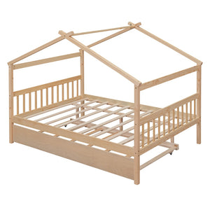 HomeRoots Natural Wood Full House Bed with Trundle - Stylish, Durable Design for Kids' Rooms & Guest Spaces 602047