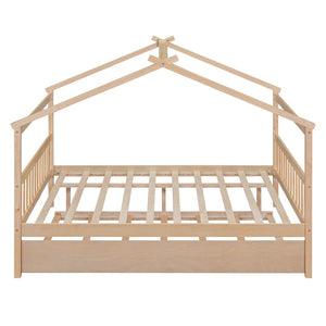 HomeRoots Natural Wood Full House Bed with Trundle - Stylish, Durable Design for Kids' Rooms & Guest Spaces 602047