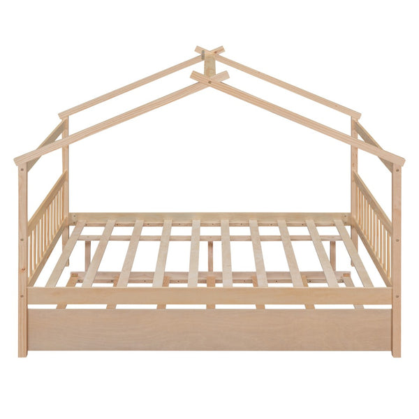 HomeRoots Natural Wood Full House Bed with Trundle - Stylish, Durable Design for Kids' Rooms & Guest Spaces 602047