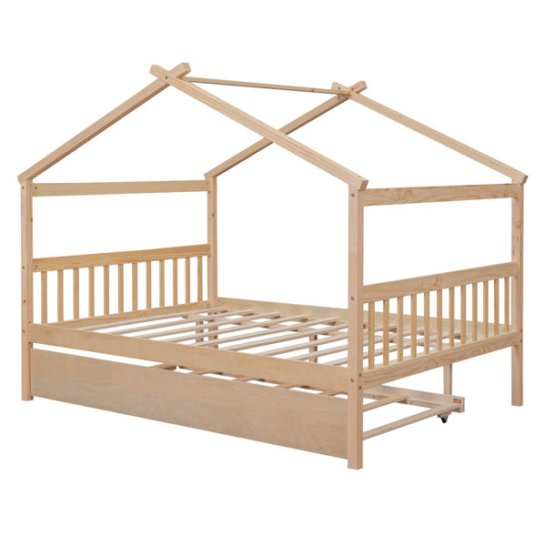 HomeRoots Natural Wood Full House Bed with Trundle - Stylish, Durable Design for Kids' Rooms & Guest Spaces 602047