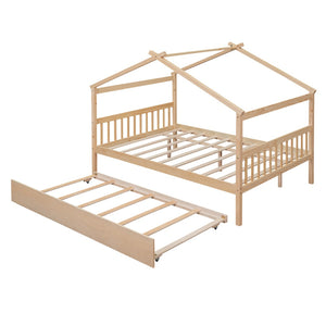 HomeRoots Natural Wood Full House Bed with Trundle - Stylish, Durable Design for Kids' Rooms & Guest Spaces 602047