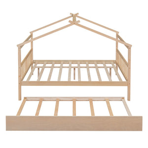 HomeRoots Natural Wood Full House Bed with Trundle - Stylish, Durable Design for Kids' Rooms & Guest Spaces 602047