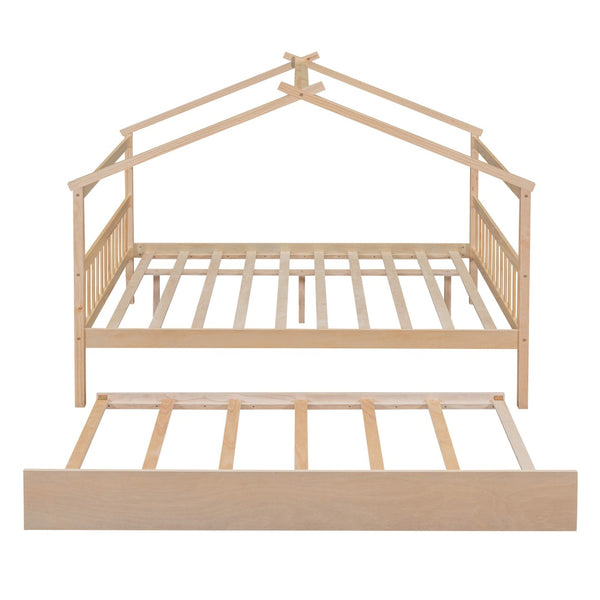 HomeRoots Natural Wood Full House Bed with Trundle - Stylish, Durable Design for Kids' Rooms & Guest Spaces 602047