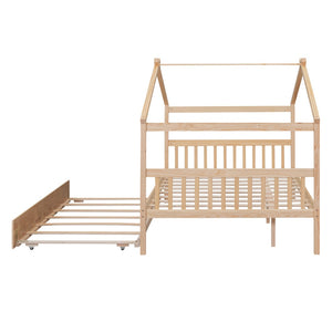 HomeRoots Natural Wood Full House Bed with Trundle - Stylish, Durable Design for Kids' Rooms & Guest Spaces 602047
