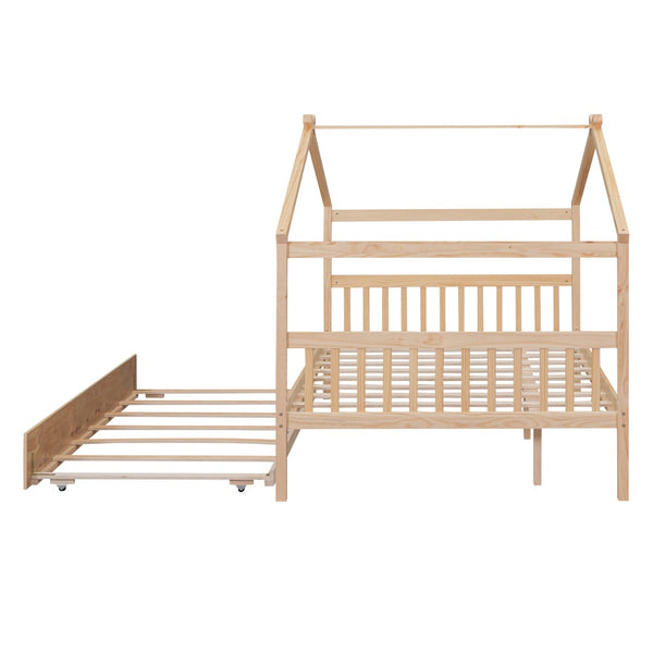 HomeRoots Natural Wood Full House Bed with Trundle - Stylish, Durable Design for Kids' Rooms & Guest Spaces 602047