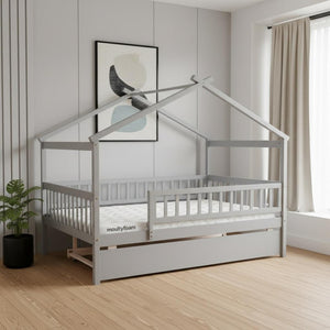 HomeRoots Gray Wood Full Canopy Bed Frame with Trundle - Stylish, Durable, Modern Design for Versatile Sleep Solutions 602048