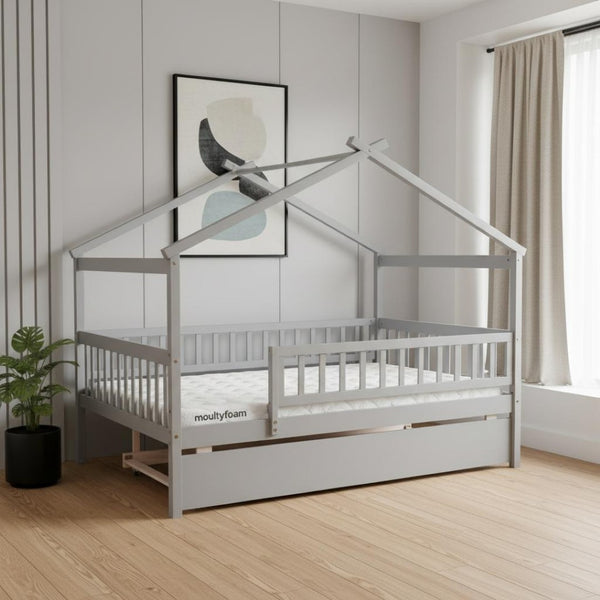 HomeRoots Gray Wood Full Canopy Bed Frame with Trundle - Stylish, Durable, Modern Design for Versatile Sleep Solutions 602048