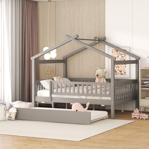 HomeRoots Gray Wood Full Canopy Bed Frame with Trundle - Stylish, Durable, Modern Design for Versatile Sleep Solutions 602048