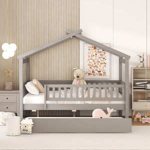 HomeRoots Gray Wood Full Canopy Bed Frame with Trundle - Stylish, Durable, Modern Design for Versatile Sleep Solutions 602048