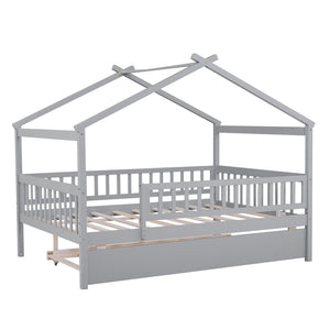 HomeRoots Gray Wood Full Canopy Bed Frame with Trundle - Stylish, Durable, Modern Design for Versatile Sleep Solutions 602048