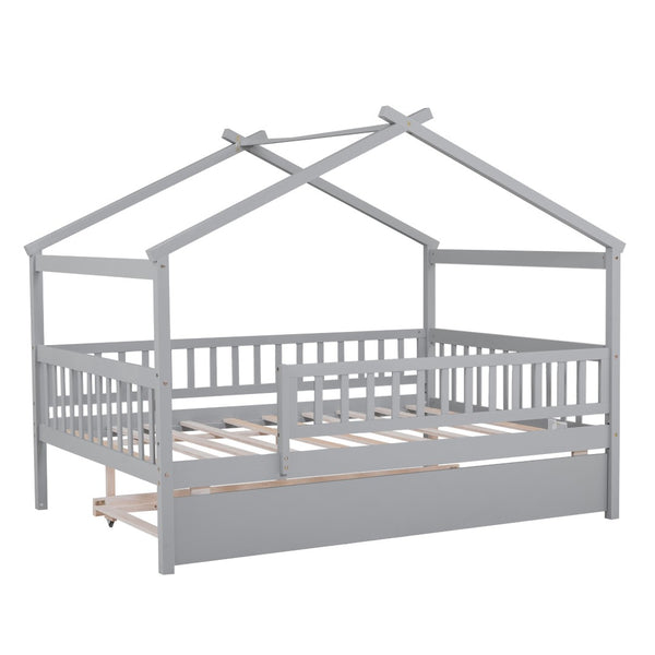HomeRoots Gray Wood Full Canopy Bed Frame with Trundle - Stylish, Durable, Modern Design for Versatile Sleep Solutions 602048