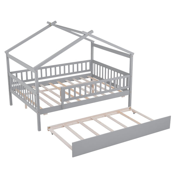 HomeRoots Gray Wood Full Canopy Bed Frame with Trundle - Stylish, Durable, Modern Design for Versatile Sleep Solutions 602048