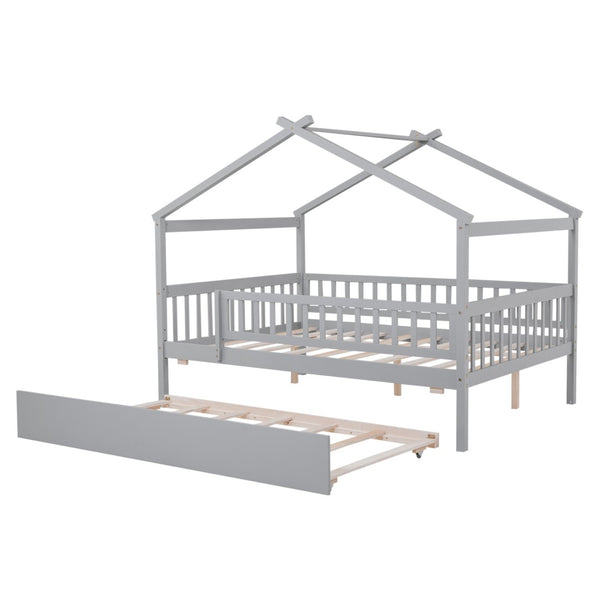 HomeRoots Gray Wood Full Canopy Bed Frame with Trundle - Stylish, Durable, Modern Design for Versatile Sleep Solutions 602048