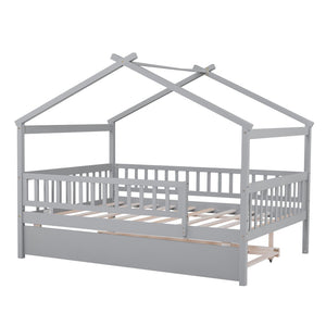 HomeRoots Gray Wood Full Canopy Bed Frame with Trundle - Stylish, Durable, Modern Design for Versatile Sleep Solutions 602048
