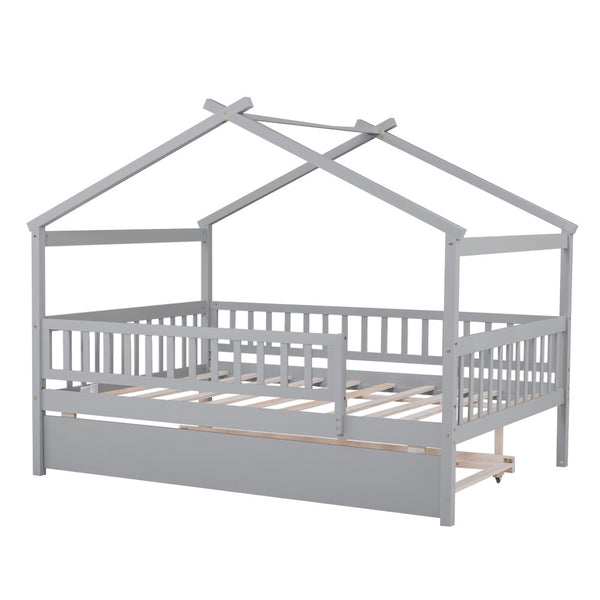 HomeRoots Gray Wood Full Canopy Bed Frame with Trundle - Stylish, Durable, Modern Design for Versatile Sleep Solutions 602048