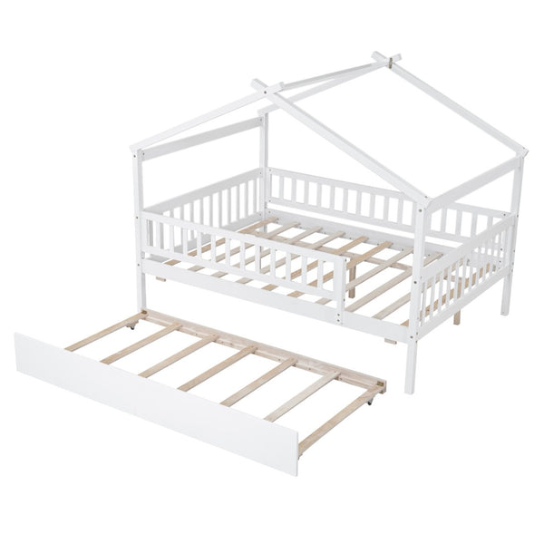 HomeRoots White Wood Full Canopy Bed Frame with Trundle - Stylish, Sturdy Design for Ultimate Bedroom Comfort 602049