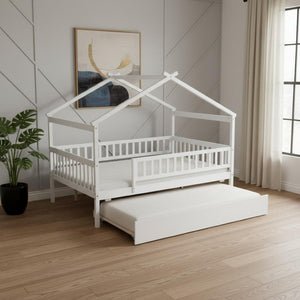 HomeRoots White Wood Full Canopy Bed Frame with Trundle - Stylish, Sturdy Design for Ultimate Bedroom Comfort 602049