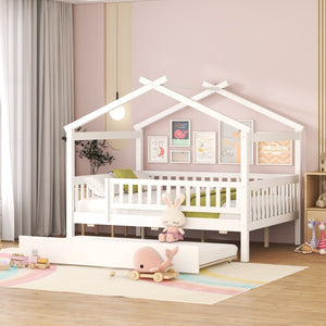 HomeRoots White Wood Full Canopy Bed Frame with Trundle - Stylish, Sturdy Design for Ultimate Bedroom Comfort 602049