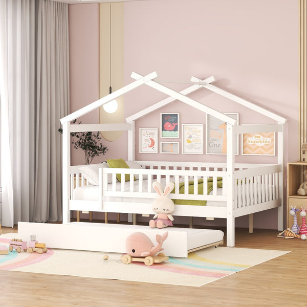 HomeRoots White Wood Full Canopy Bed Frame with Trundle - Stylish, Sturdy Design for Ultimate Bedroom Comfort 602049