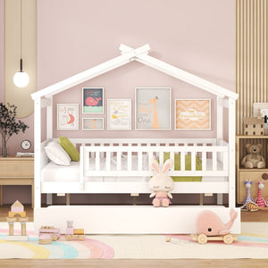 HomeRoots White Wood Full Canopy Bed Frame with Trundle - Stylish, Sturdy Design for Ultimate Bedroom Comfort 602049