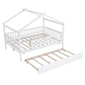 HomeRoots White Wood Full Canopy Bed Frame with Trundle - Stylish, Sturdy Design for Ultimate Bedroom Comfort 602049