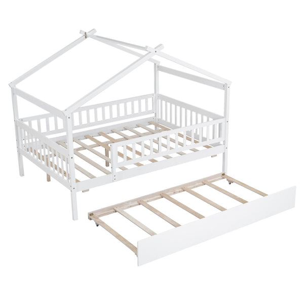 HomeRoots White Wood Full Canopy Bed Frame with Trundle - Stylish, Sturdy Design for Ultimate Bedroom Comfort 602049