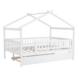 HomeRoots White Wood Full Canopy Bed Frame with Trundle - Stylish, Sturdy Design for Ultimate Bedroom Comfort 602049