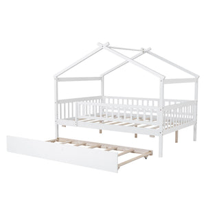 HomeRoots White Wood Full Canopy Bed Frame with Trundle - Stylish, Sturdy Design for Ultimate Bedroom Comfort 602049