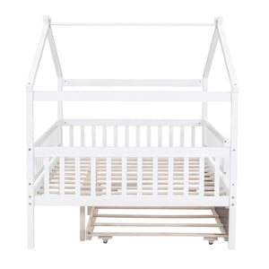 HomeRoots White Wood Full Canopy Bed Frame with Trundle - Stylish, Sturdy Design for Ultimate Bedroom Comfort 602049