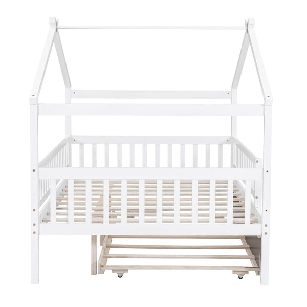 HomeRoots White Wood Full Canopy Bed Frame with Trundle - Stylish, Sturdy Design for Ultimate Bedroom Comfort 602049