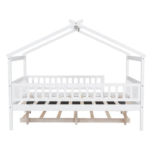 HomeRoots White Wood Full Canopy Bed Frame with Trundle - Stylish, Sturdy Design for Ultimate Bedroom Comfort 602049