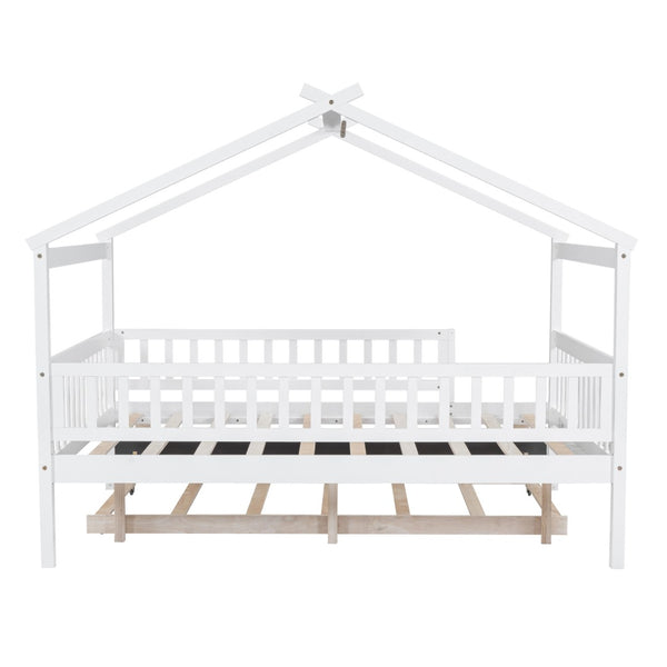 HomeRoots White Wood Full Canopy Bed Frame with Trundle - Stylish, Sturdy Design for Ultimate Bedroom Comfort 602049