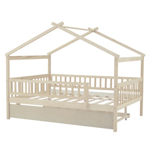 HomeRoots Natural Wood Full House Bed with Convenient Trundle - Stylish, Durable, and Space-Saving Design 602050