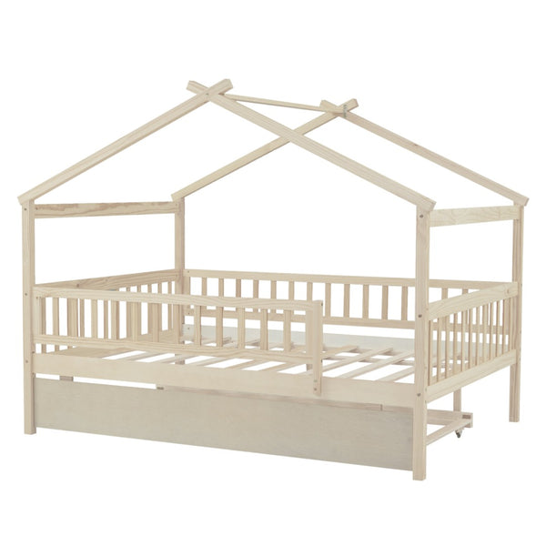 HomeRoots Natural Wood Full House Bed with Convenient Trundle - Stylish, Durable, and Space-Saving Design 602050