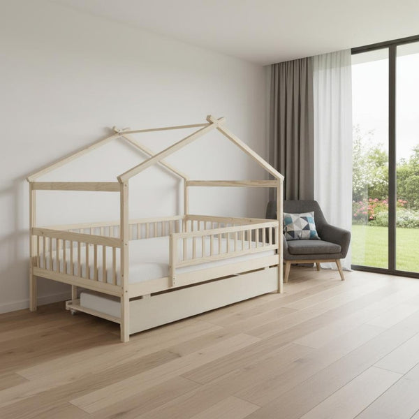 HomeRoots Natural Wood Full House Bed with Convenient Trundle - Stylish, Durable, and Space-Saving Design 602050