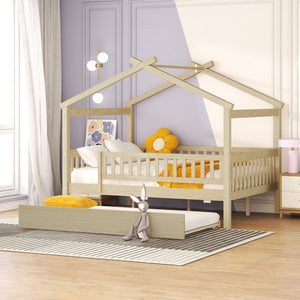 HomeRoots Natural Wood Full House Bed with Convenient Trundle - Stylish, Durable, and Space-Saving Design 602050