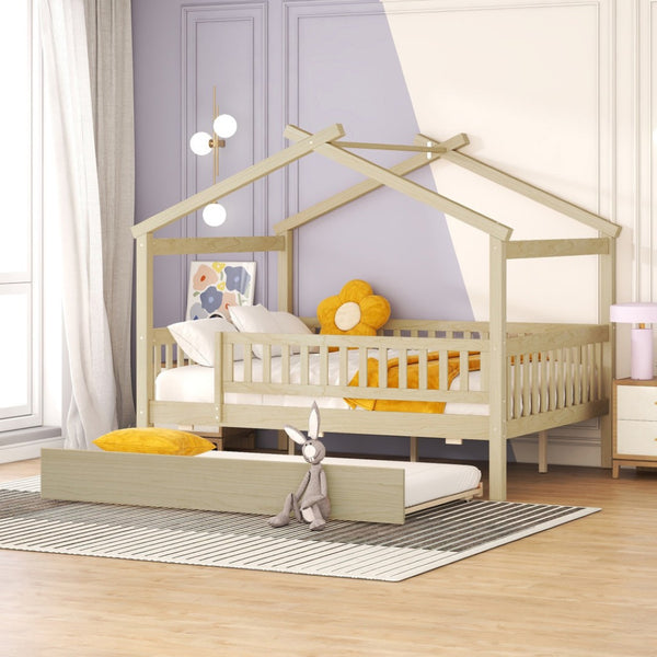 HomeRoots Natural Wood Full House Bed with Convenient Trundle - Stylish, Durable, and Space-Saving Design 602050