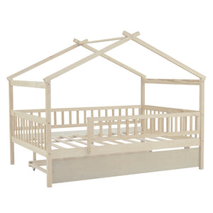 HomeRoots Natural Wood Full House Bed with Convenient Trundle - Stylish, Durable, and Space-Saving Design 602050