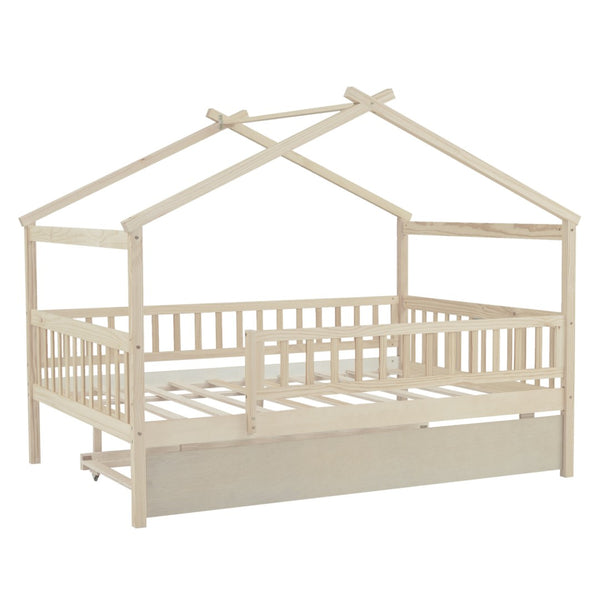 HomeRoots Natural Wood Full House Bed with Convenient Trundle - Stylish, Durable, and Space-Saving Design 602050