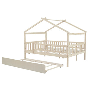 HomeRoots Natural Wood Full House Bed with Convenient Trundle - Stylish, Durable, and Space-Saving Design 602050