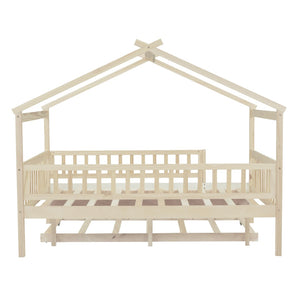 HomeRoots Natural Wood Full House Bed with Convenient Trundle - Stylish, Durable, and Space-Saving Design 602050