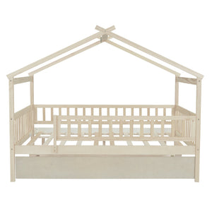 HomeRoots Natural Wood Full House Bed with Convenient Trundle - Stylish, Durable, and Space-Saving Design 602050