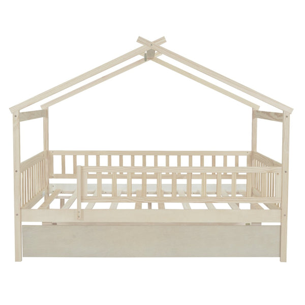HomeRoots Natural Wood Full House Bed with Convenient Trundle - Stylish, Durable, and Space-Saving Design 602050