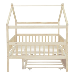 HomeRoots Natural Wood Full House Bed with Convenient Trundle - Stylish, Durable, and Space-Saving Design 602050