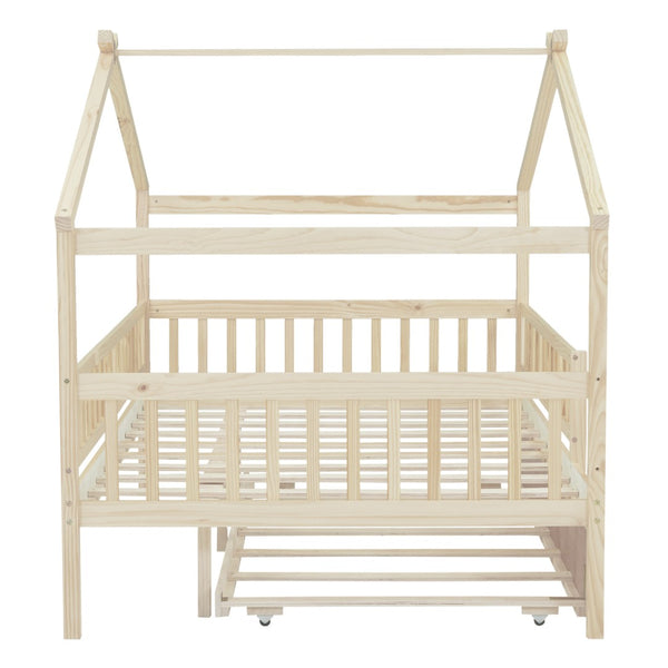 HomeRoots Natural Wood Full House Bed with Convenient Trundle - Stylish, Durable, and Space-Saving Design 602050