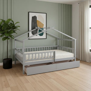 HomeRoots Gray Wood Full Canopy Bed Frame with Under-Bed Drawers for Modern Style and Smart Storage Solutions 602051