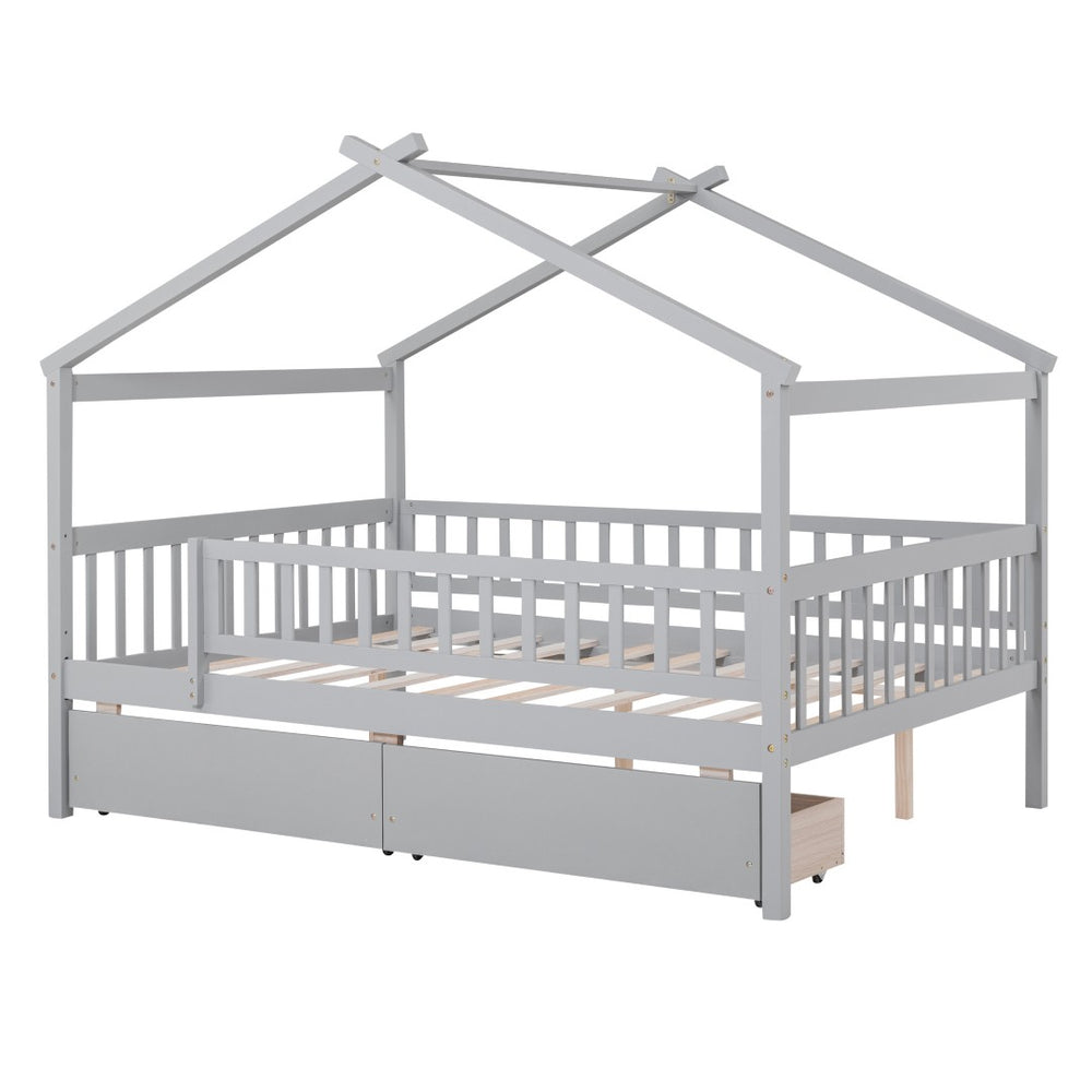 HomeRoots Gray Wood Full Canopy Bed Frame with Under-Bed Drawers for Modern Style and Smart Storage Solutions 602051